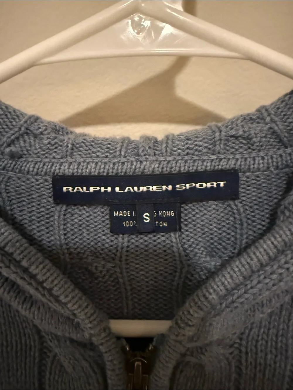 Vintage Ralph Lauren Sport Pale Blue Cable-Knit Zip Hoodie - Picture 2 of 4